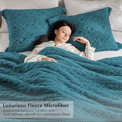 Homelike Moment Fleece Queen Comforter Set Blue, Fluffy Bed Set 3 Piece