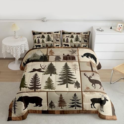 jejeloiu Bear Bedding Set Soft for Boys Girls, Deer Hunting Comforter Set King Size Wild Animal Duvet Quilt Microfiber Bedroom Decor 3 Pcs with 2 Pillow Cases