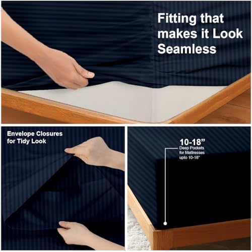 NON Sticky cotton Full 4 Piece Sheet Set, 100% Long Staple Cotton, Soft Cooling Hotel Luxury Bedding Sheets, Deep Pocket Fits 10" to 18" Mattress, 54" x 75", Navy Blue Stripe