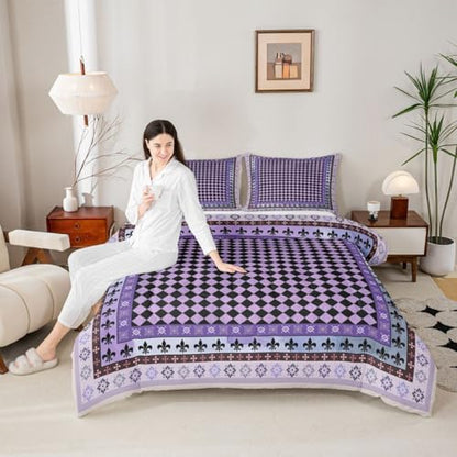 jejeloiu Check Checkered Comforter Set King Size Plaid Damask Floral Bedding Set for Kids Boys Girls Geometric Checkerboard Duvet Quilt Grid Bedroom Decor Microfiber 3 Pcs with 2 Pillow Cases
