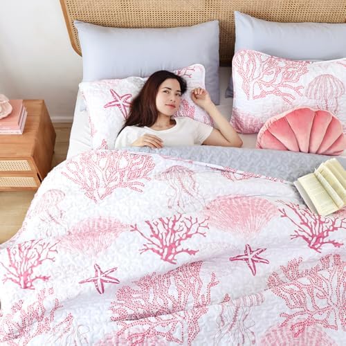 weigelia Coastal Quilt Twin Size, Pink Coral Lightweight Summer Bedding