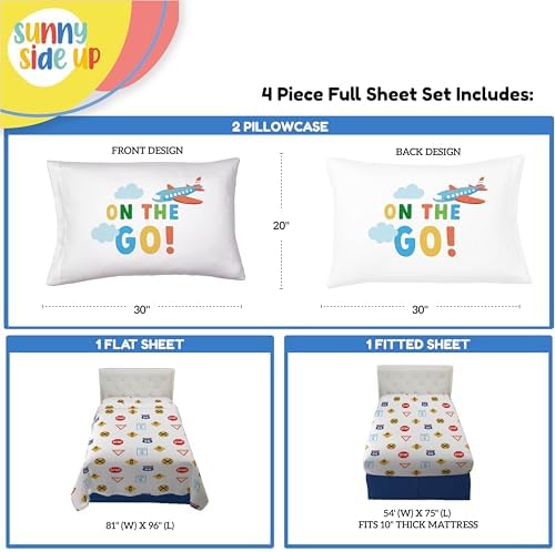 Sunny Side Up On The Go Full Sheet Set - 4 Piece Kids Bedding Set Includes Pillow Cover - Super Soft Vehicles Microfiber Sheets