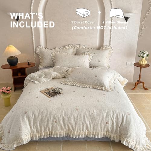 VM VOUGEMARKET Girl's Romantic Ruffle Lace Duvet Cover Queen Vintage Flower with Cute Rabbit Comforter Cover Muslin Cotton Linen Like Gauze Princess Bedding Set