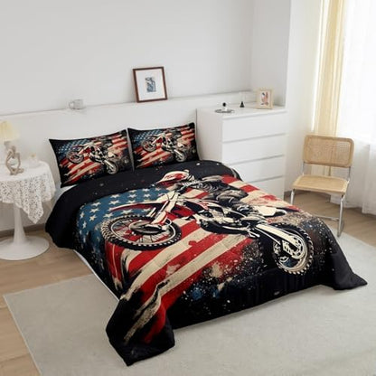 Feelyou Racing Motocross Rider Bedding Set Kids Boys Girls King Size Dirt Bike Comforter Set Teen AdultFlag Pattern Comforter Extreme Sports Duvet Quilt Bedroom Decor Motorcycle Racer Quilt