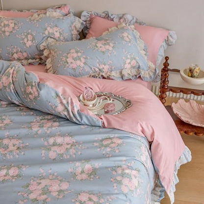 Vintage Blue Floral Duvet Cover Set Queen, 100% Cotton Pink Flower Botanical Bedding Set with Ruffle Lace, Cottagecore Style Princess Lace Duvet Cover, Aesthetic Flower Ruffle Comforter Cover Queen
