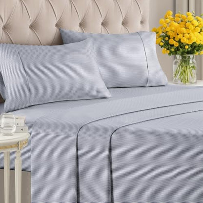 Full 4 Piece Striped Sheet Set - Soft, Breathable & Cooling - Navy Ombre