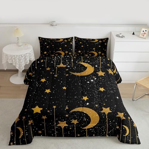 Homewish Starry Sky Full Size Comforter Set,Stars and Moon Bedding Set for Adults Teens,Children Gold and Black Comforter Luxury Galaxy Quilt Set Room Decor 3Pcs