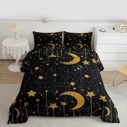 Homewish Starry Sky Full Size Comforter Set,Stars and Moon Bedding Set for Adults Teens,Children Gold and Black Comforter Luxury Galaxy Quilt Set Room Decor 3Pcs