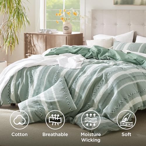 Bedsure PureWoven Boho Striped Cotton Waffle Duvet Cover Set, King, Green