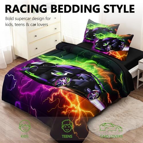 5 Pcs Car Comforter Sets for Boys, Cool Purple Green Lightnings Bed in A Bag Full Size Car Bedding Set for Boys Teens