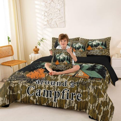 Erosebridal Camouflage 7 Piece Comforter Set Twin Kids Camo Camping Bed in A Bag Rv Campsite Camper Bedding Sets for Kids Boys Girls Military Style Army Green Wild Room Decor Sheet Set with Comforter