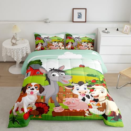 Cute Farm Animals Bedding Set Kids Cartoon Pig Dog Cow Horse Comforter Set Boys Girls Toddler Nature Country Style Comforter Farmhouse Rustic Duvet Set Colorful Bedroom Decor Quilt Set Toddler Size