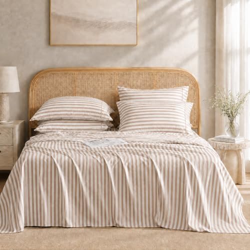 ROSE&RISY Linen Grey Stripe Queen Sheet Set, 4 Pcs Soft Bedding Sheet Set, Breathable and Cooling, Includes 1 Fitted Sheet, 1 Flat Sheet, 2 Pillowcases - Deep Pocket (Linen Grey Stripe, Queen Size)