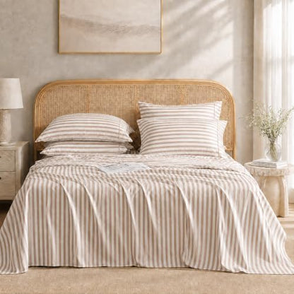 ROSE&RISY Linen Grey Stripe Queen Sheet Set, 4 Pcs Soft Bedding Sheet Set, Breathable and Cooling, Includes 1 Fitted Sheet, 1 Flat Sheet, 2 Pillowcases - Deep Pocket (Linen Grey Stripe, Queen Size)