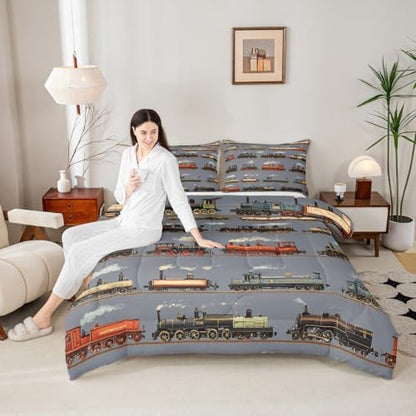 Feelyou Train Comforter Set Toddler Size Retro Steam Engine Train Bedding Set for Kids Boys Girls Vintage Transport Vehicle Duvet Quilt Bedroom Decor Microfiber 2 Pcs with 1 Pillow Cases