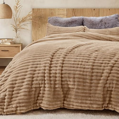 Sasttie Fluffy Full Comforter Set, 3 PC Soft Fleece Bedding, Light Brown