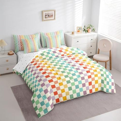 jejeloiu Purple Green Yellow Bedding Set 7Pcs Queen Size Kids Buffalo Plaid Comforter Set with Sheets for Boys Girls Checkered Grid Bed in a Bag Soft Lightweight,Microfiber