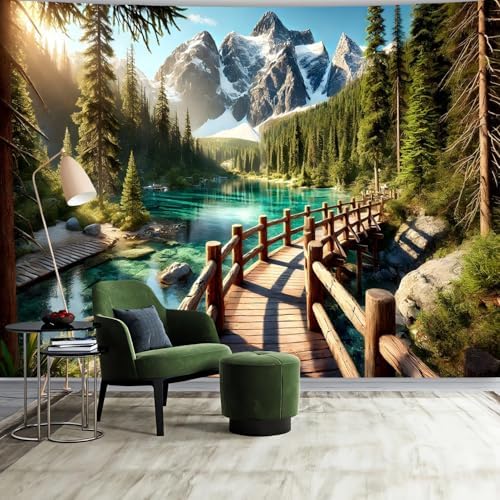 FENDROM Snow Mountain Forest Tapestry Scenic Green Pine Tree Lake Landscape Backdrop Wall Mural Covering for Dorm Living Room Decor