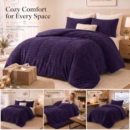 CozyLux Fleece Full Size Comforter Sets, 3 Piece Winter Warm Purple Bedding