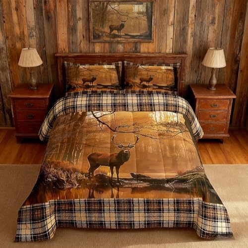 Manfei 3D Deer Comforter Set King Size, Wildlife Hunting Theme Wild Animal Print Bedding Set 3pcs for Kids Boys Teens Bedroom Decor, Champagne Plaid Print Quilt Set with 2 Pillowcases