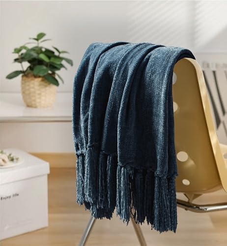 Chenille Throw Blanket for Couch 60" x 80" Twin, Navy Blue