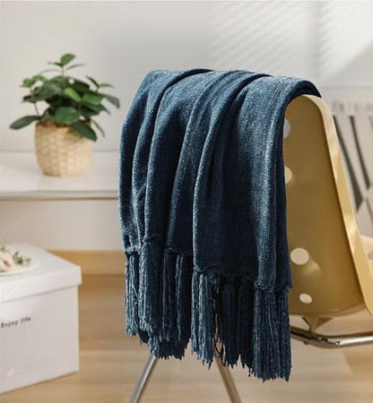 Chenille Throw Blanket for Couch 50" x 60", Navy Blue