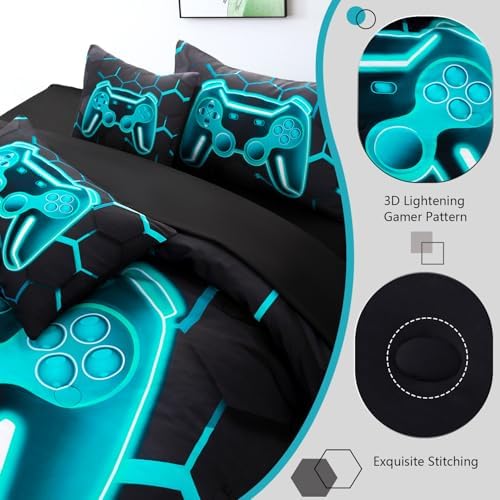 Gamer Queen Comforter Set with Sheets 6Pcs Teal Gaming Boys Bedding Set Lake Blue 3D Game Console Bed in A Bag Gamepad Print Honeycomb Bedding Collection for Bedroom (Teal, Queen)