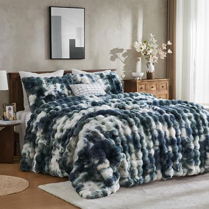 Wonderful - 3 Pieces Faux Rabbit Fur Comforter Set King Size, Teal Tie Dye Plush Bedding Set, 3D Sculpted Bubble Warm Fluffy Comforter for Winter