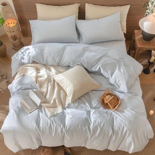 MooMee Striped Duvet Cover Set 100% Washed Cotton Linen Like Full