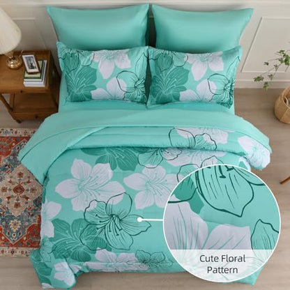 Luxudecor Aqua Comforter Set Queen Size, 7 Pieces Floral Bed in a Bag