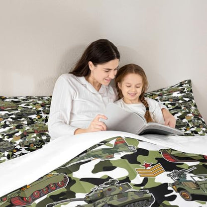 Manfei War Theme Comforter Set King Size, Army Aircraft Tanks Down Comforter with 2 Pillowcases, Retro Green Camouflage Bedding Set 3pcs for Kids Boys Teens Room Decor Lightweight Duvet Insert