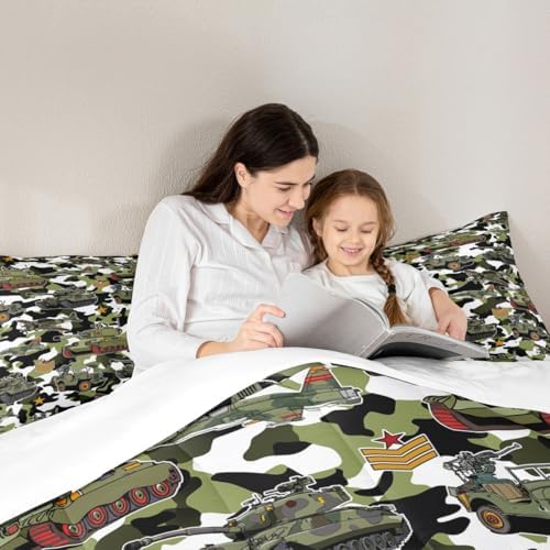 Manfei War Theme Comforter Set Full Size, Army Aircraft Tanks Down Comforter with 2 Pillowcases, Retro Green Camouflage Bedding Set 3pcs for Kids Boys Teens Room Decor Lightweight Duvet Insert