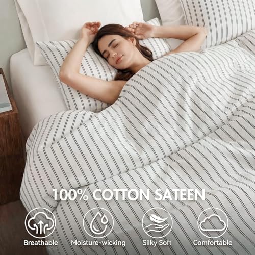 Bedbay Cotton Striped Duvet Cover Set Queen Size, Black White Stripe Bedding Set, 100% Cotton Sateen,Soft Breathable Hotel Style Minimal Comforter Cover with Zipper Closure & Corner Ties