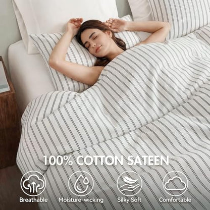 Bedbay Cotton Striped Duvet Cover Set Queen Size, Black White Stripe Bedding Set, 100% Cotton Sateen,Soft Breathable Hotel Style Minimal Comforter Cover with Zipper Closure & Corner Ties