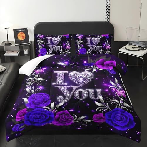 Purple Floral Full Size Comforter Set for Girls，Silver Diamond Pattern Bedding Set，with 1 Comforter with 2 Pillow Case，Diamond Room Decor for Bedroom