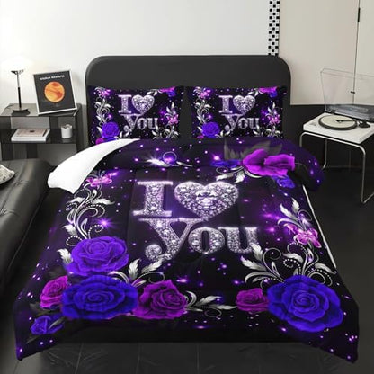 Purple Floral Queen Size Comforter Set for Girls，Silver Diamond Pattern Bedding Set，with 1 Comforter with 2 Pillow Case，Diamond Room Decor for Bedroom