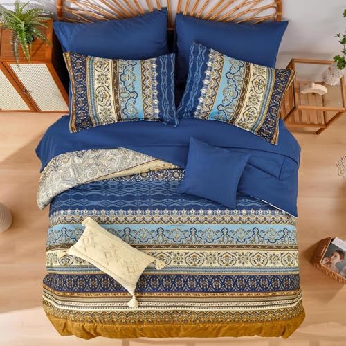 Cottolester Boho Comforter Set California King,Paisley Striped Bed in A Bag
