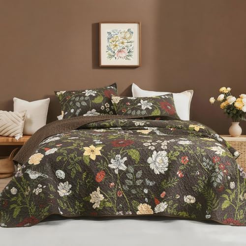 Litanika Floral Dark Brown Quilt - 3Pcs Botanical Birds Pattren Bed Set