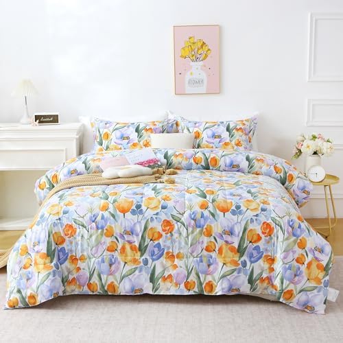 Mooreeke Floral Full Size Comforter Sets, Vintage Purple Orange Floral Patterned Bedding for All Seasons, 3-Piece Vintage Bed in a Bag with Fluffy Quilted Reversible Comforter & 2 Pillow Shams