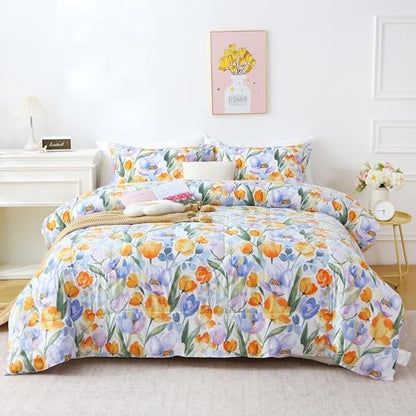 Mooreeke Floral Full Size Comforter Sets, Vintage Purple Orange Floral Patterned Bedding for All Seasons, 3-Piece Vintage Bed in a Bag with Fluffy Quilted Reversible Comforter & 2 Pillow Shams