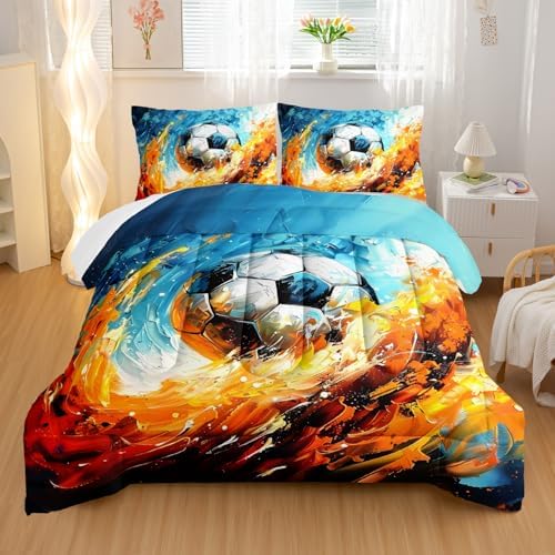 Nttopship Sports Soccer Comforter Set Twin Size Bedding Sets 3PCS for Kids Teen Adult Sports Room Decor Ultra-Soft Lightweight Microfiber 1 Comforter with 2 Pillowcases
