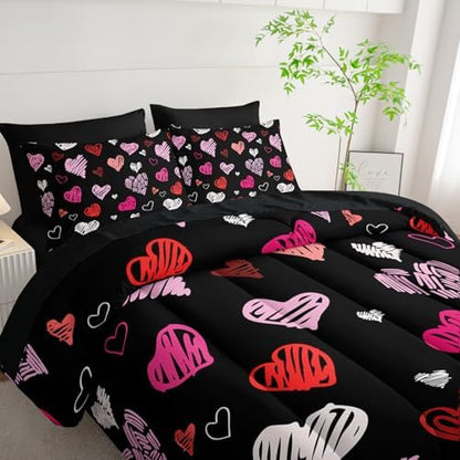 Nttopship Black Heart Comforter Set Queen Size 7Pcs，Love Valentines Day Romantic Soft Bedding Set Pink Watercolor Kawaii Cartoon Love Heart Geometric, Bed Sheet Set Cartoon Black Decor