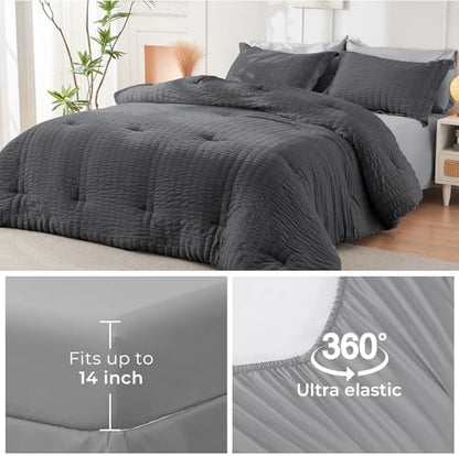 HYMOKEGE Dark Grey/Light Grey Queen Comforter Set Seersucker 7 Pieces, All Season Luxury Bed in a Bag Queen for Bedroom, Bedding Set with Comforter, Sheets, Pillowcases & Shams
