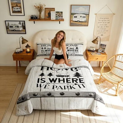 Camper RV Comforter Set Queen Size,Camping Travel Trailer Decor Bedding Set 3pcs for Kids Boys Girls Adults,Vintage Wooden Plank Cottage Down Comforter,Rustic Farmhouse Duvet Insert,2 Pillowcases