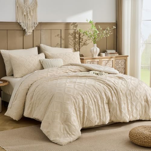 7 Pieces Boho Bedding King Tufted Bedding Set with Sheets Beige, Boho Bohemian Embroidery Jacquard Tufts Bedding Set for All Season,King Soft Fluffy Comforter
