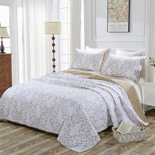 Lady Ann 3Pcs Oversized King Quilt Set 128x120 - Beige Embroidery Pattern Reversible Cotton bedspreads & coverlets, Lightweight Quilted Extra Large Elegant Oversized King Bedroom Bedding Set