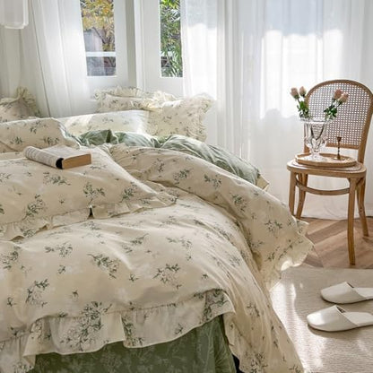 mixinni Reversible Sage Green Floral Duvet Cover Set King Size - 100% Cotton Cute Botanical Patterns Bedding Set with Ruffle Lace, 3PCs Beige Soft Aesthetic Cottagecore Style Duvet Cover for Girls