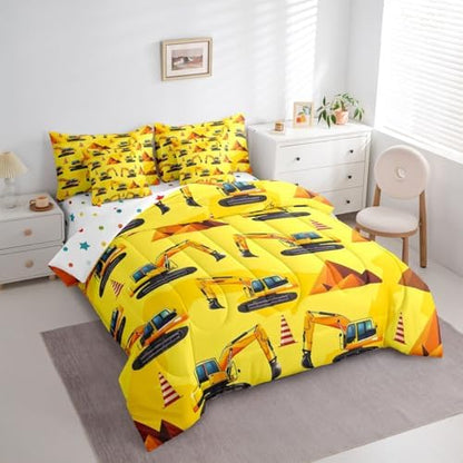 Erosebridal Boys Construction King Comforter Set with Sheets, Excavator Bed in A Bag for Kids Men Boys Room Decor, Yellow Vehicle 7-Piece Bedding Set, Equipment Trucks Bed Sets, Lightweight