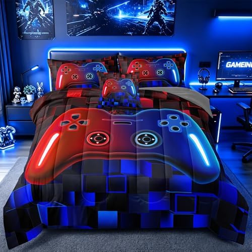 6 Pieces Kids Full Size Gaming Comforter Set, Red Blue Game Controller Bedding Set for Boys Girls Teens, Soft Microfiber Bed in a Bag with Sheets, All Season Washable Gamer Room Decor Full51