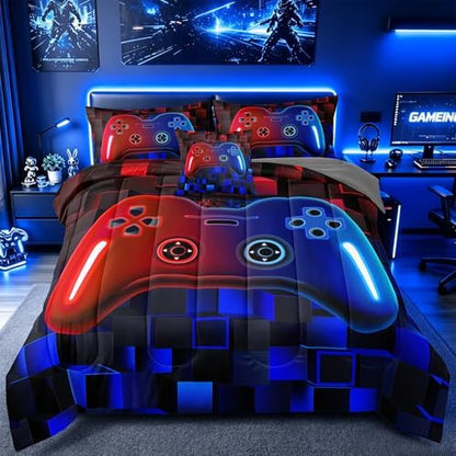 6 Pieces Kids Full Size Gaming Comforter Set, Red Blue Game Controller Bedding Set for Boys Girls Teens, Soft Microfiber Bed in a Bag with Sheets, All Season Washable Gamer Room Decor Full51